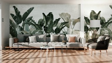 Büyük lüks modern rahatlama ve konforlu parlak iç mekan oturma odası tasviri 3 boyutlu tasvir