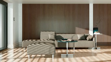 Büyük lüks modern rahatlama ve konforlu parlak iç mekan oturma odası tasviri 3 boyutlu tasvir