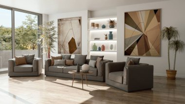 Büyük lüks modern rahatlama ve konforlu parlak iç mekan oturma odası tasviri 3 boyutlu tasvir