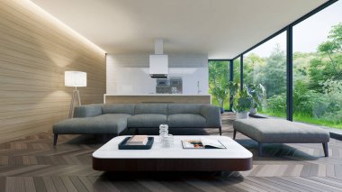 Büyük lüks, modern, parlak iç mekan. Oturma odası tasviri 3D canlandırma.