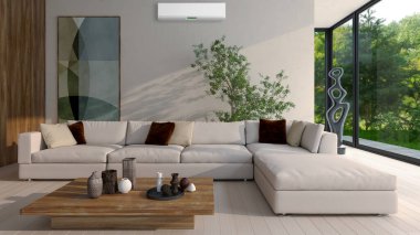 Büyük lüks, modern, aydınlık iç mekan. Klima modelleme çizimi 3D.