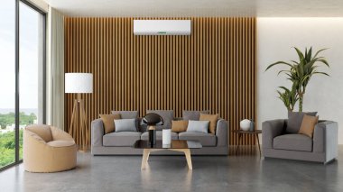 Büyük lüks, modern, aydınlık iç mekan. Klima modelleme çizimi 3D.