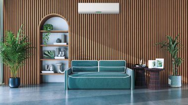 Büyük lüks, modern, aydınlık iç mekan. Klima modelleme çizimi 3D.