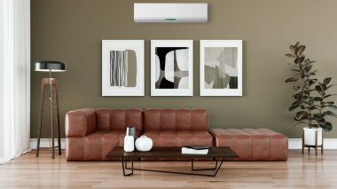 Büyük lüks, modern, aydınlık iç mekan. Klima modelleme çizimi 3D.