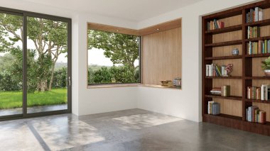 Büyük lüks, modern, parlak iç mekan. Oturma odası tasviri 3D canlandırma.