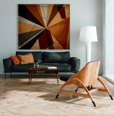 Büyük lüks, modern, parlak iç mekan. Oturma odası tasviri 3D canlandırma.