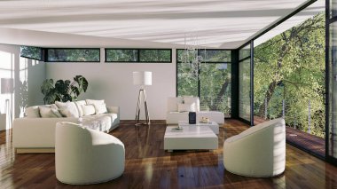 Büyük lüks, modern, parlak iç mekan. Oturma odası tasviri 3D canlandırma.