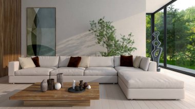 Büyük lüks, modern, parlak iç mekan. Oturma odası tasviri 3D canlandırma.