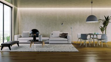 Büyük lüks, modern, parlak iç mekan. Oturma odası tasviri 3D canlandırma.