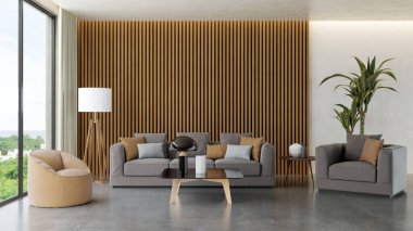 Büyük lüks, modern, parlak iç mekan. Oturma odası tasviri 3D canlandırma.