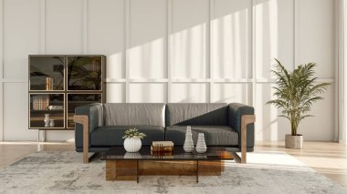 Büyük lüks, modern, parlak iç mekan. Oturma odası tasviri 3D canlandırma.