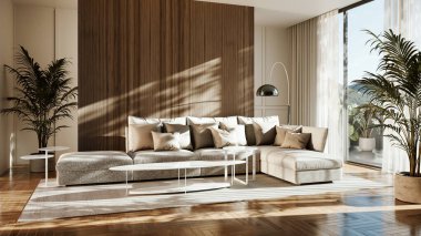 Büyük lüks, modern, parlak iç mekan. Oturma odası tasviri 3D canlandırma.