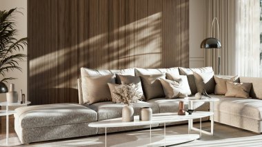 Büyük lüks, modern, parlak iç mekan. Oturma odası tasviri 3D canlandırma.