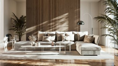 Büyük lüks, modern, parlak iç mekan. Oturma odası tasviri 3D canlandırma.
