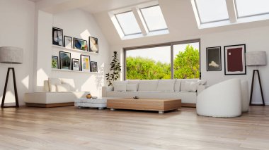 Büyük lüks, modern, parlak iç mekan. Oturma odası tasviri 3D canlandırma.