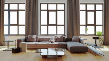 Büyük lüks, modern, parlak iç mekan. Oturma odası tasviri 3D canlandırma.