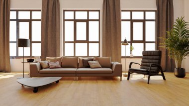 Büyük lüks, modern, parlak iç mekan. Oturma odası tasviri 3D canlandırma.