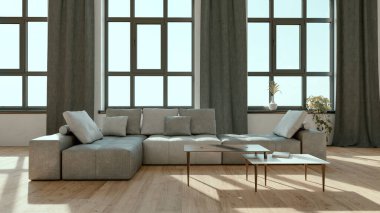 Büyük lüks, modern, parlak iç mekan. Oturma odası tasviri 3D canlandırma.