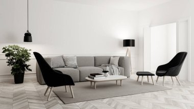 Büyük lüks, modern, parlak iç mekan. Oturma odası tasviri 3D canlandırma.