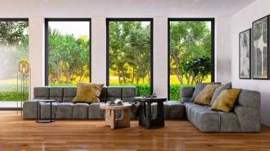 Büyük lüks, modern, parlak iç mekan. Oturma odası tasviri 3D canlandırma.