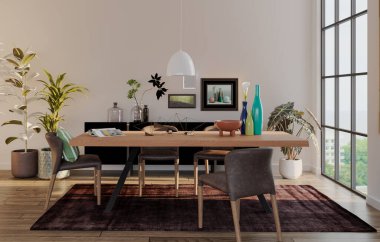 Büyük lüks, modern, parlak iç mekan. Oturma odası tasviri 3D canlandırma.