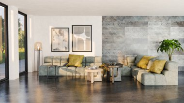 Büyük lüks, modern, parlak iç mekan. Oturma odası tasviri 3D canlandırma.