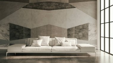 Büyük lüks, modern, parlak iç mekan. Oturma odası tasviri 3D canlandırma.