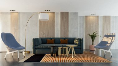Büyük lüks, modern, parlak iç mekan. Oturma odası tasviri 3D canlandırma.