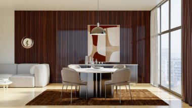 Büyük lüks, modern, parlak iç mekan. Oturma odası tasviri 3D canlandırma.