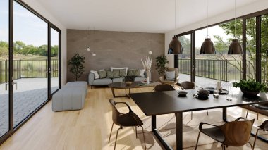 Büyük lüks, modern, parlak iç mekan. Oturma odası tasviri 3D canlandırma.