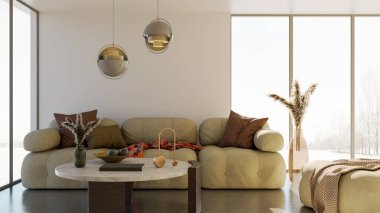 Büyük lüks, modern, parlak iç mekan. Oturma odası tasviri 3D canlandırma.