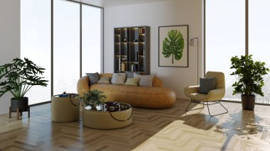 Büyük lüks, modern, parlak iç mekan. Oturma odası tasviri 3D canlandırma.