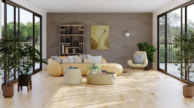 Büyük lüks, modern, parlak iç mekan. Oturma odası tasviri 3D canlandırma.