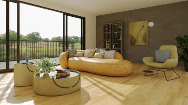 Büyük lüks, modern, parlak iç mekan. Oturma odası tasviri 3D canlandırma.