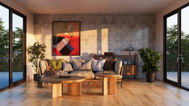 Büyük lüks, modern, parlak iç mekan. Oturma odası tasviri 3D canlandırma.