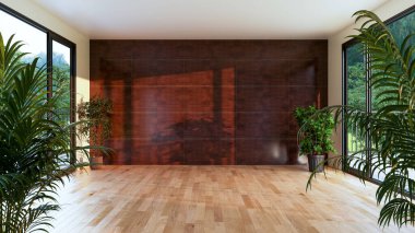 Büyük lüks, modern, parlak iç mekan. Oturma odası tasviri 3D canlandırma.