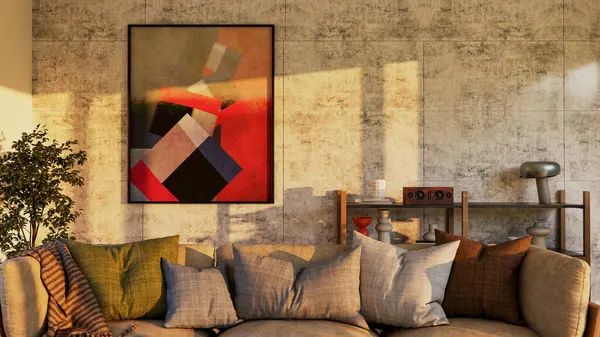 Büyük lüks, modern, parlak iç mekan. Oturma odası tasviri 3D canlandırma.