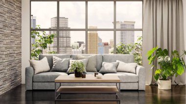 Büyük lüks, modern, parlak iç mekan. Oturma odası tasviri 3D canlandırma.