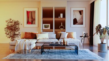 Büyük lüks, modern, parlak iç mekan. Oturma odası tasviri 3D canlandırma.