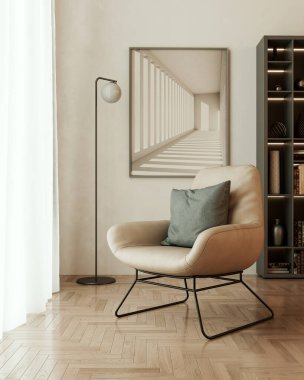 Büyük lüks, modern, parlak iç mekan. Oturma odası tasviri 3D canlandırma.