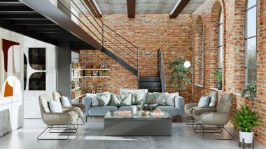 Büyük lüks, modern, parlak iç mekan. Oturma odası tasviri 3D canlandırma.