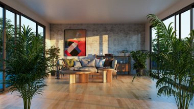 Büyük lüks, modern, parlak iç mekan. Oturma odası tasviri 3D canlandırma.