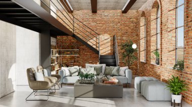 Büyük lüks, modern, parlak iç mekan. Oturma odası tasviri 3D canlandırma.