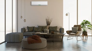 Büyük lüks, modern, aydınlık iç mekan. Klima modelleme çizimi 3D.