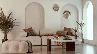 Büyük lüks, modern, parlak iç mekan. Oturma odası tasviri 3D canlandırma.