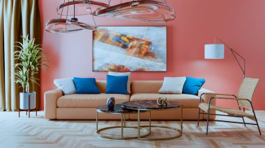 Büyük lüks, modern, parlak iç mekan. Oturma odası tasviri 3D canlandırma.