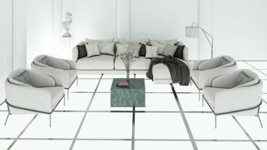 Büyük lüks, modern, parlak iç mekan. Oturma odası tasviri 3D canlandırma.