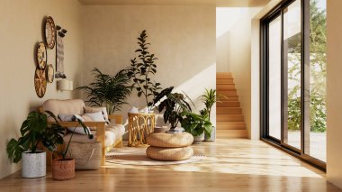 Büyük lüks, modern, parlak iç mekan. Oturma odası tasviri 3D canlandırma.