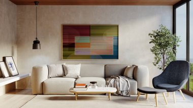 Büyük lüks, modern, parlak iç mekan. Oturma odası tasviri 3D canlandırma.