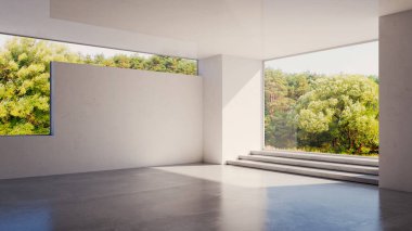 Büyük lüks, modern, parlak iç mekan. Oturma odası tasviri 3D canlandırma.